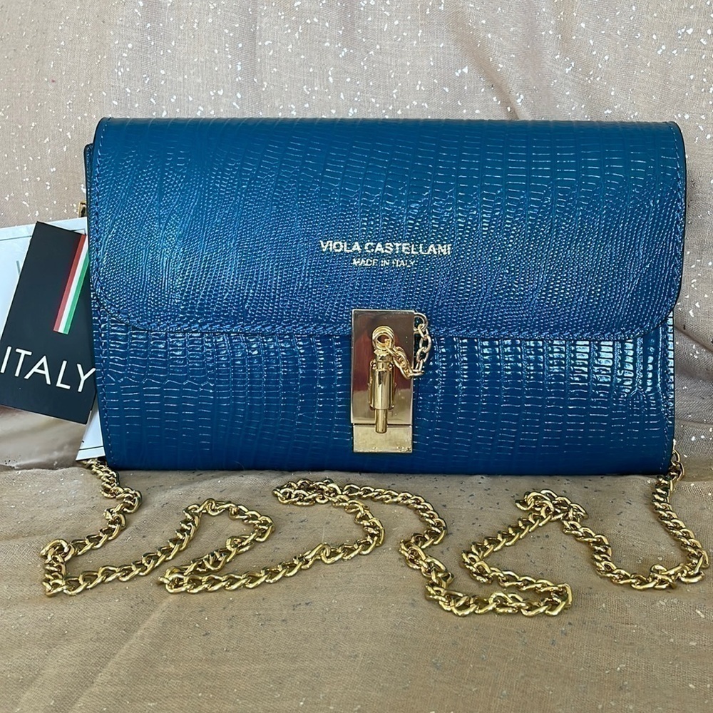 Brand New Viola Castellani Genuine Italian Leather Blue Crossbody Chain Purse